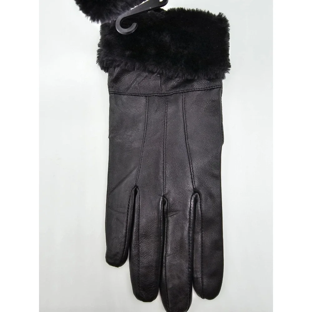 NYA Womens Black Genuine Leather Winter Gloves Faux Fur Trim Warm Size M/L NWT